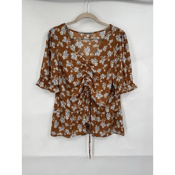 Pleione Floral Blouse Women Medium Rust Orange Cinch Front Peasant Bohemian - Picture 1 of 6